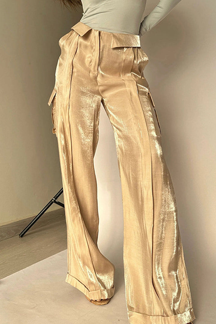 Elegante hoge taille broek met wijde pijpen-Wijde Broeken-Calora-Goud-S-Calora