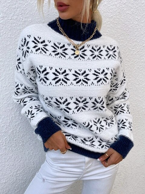 Elegante Kerst trui met sneeuwvlokpatroon-Shirts & Topjes-Calora-Donkerblauw-S-Calora