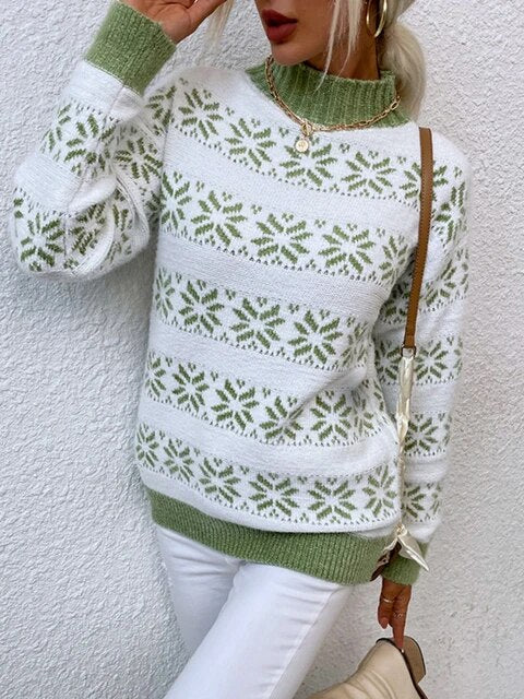 Elegante Kerst trui met sneeuwvlokpatroon-Shirts & Topjes-Calora-Groen-S-Calora