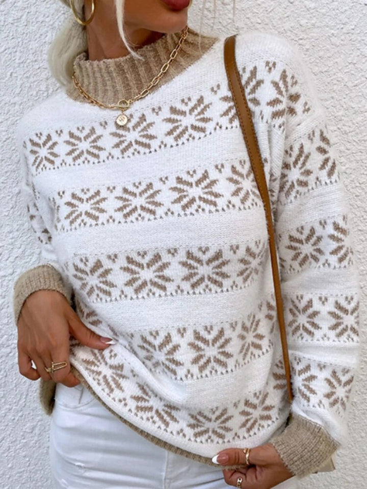 Elegante Kerst trui met sneeuwvlokpatroon-Shirts & Topjes-Calora-Khaki-S-Calora
