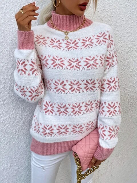 Elegante Kerst trui met sneeuwvlokpatroon-Shirts & Topjes-Calora-Roze-S-Calora