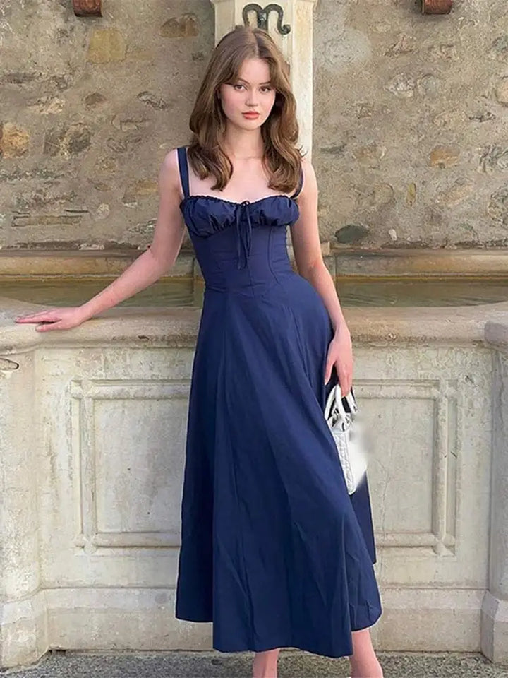 Elegante Lange Jurk Met Ruches En Smalle Spaghettibandjes-Feest Jurken-Calora-Blauw-M-Calora