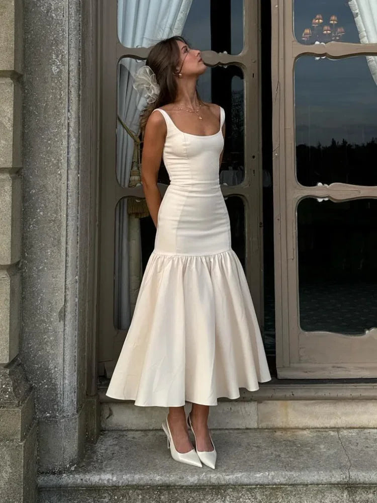 Elegante Lange Jurk Met Ruches En Smalle Spaghettibandjes-Feest Jurken-Calora-Wit-M-Calora