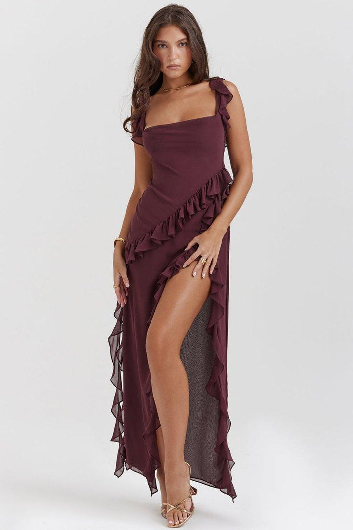 Elegante Lange Jurk Met Ruches Romantische Feestjurk-Zomer Jurken-Calora-Bordeaux-S-Calora