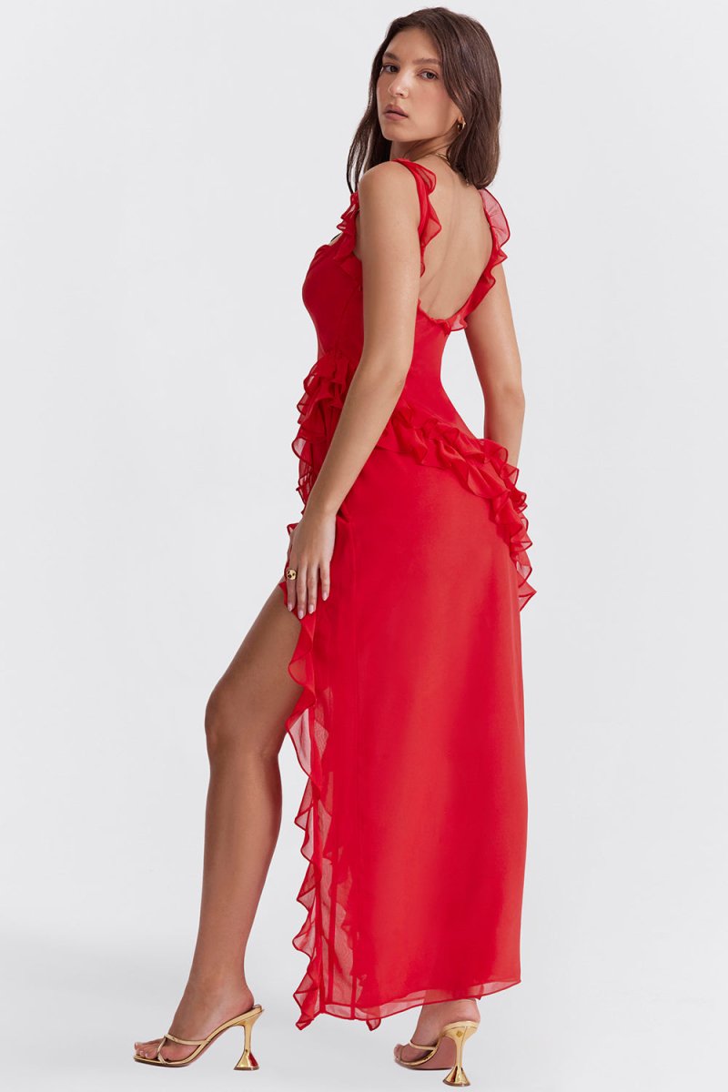 Elegante Lange Jurk Met Ruches Romantische Feestjurk-Zomer Jurken-Calora-Rood-S-Calora