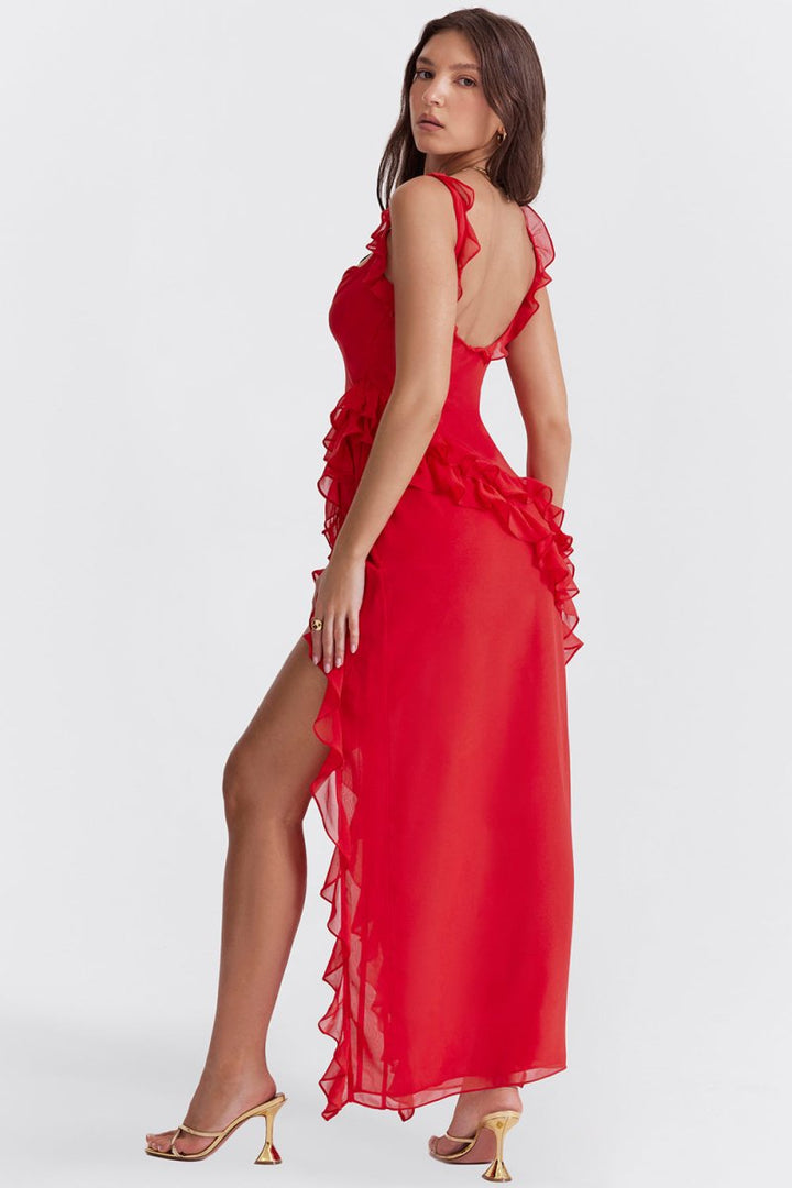 Elegante Lange Jurk Met Ruches Romantische Feestjurk-Zomer Jurken-Calora-Rood-S-Calora