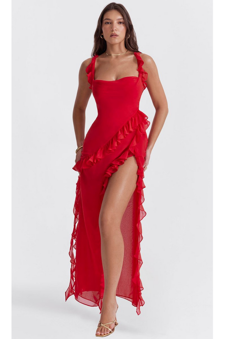 Elegante Lange Jurk Met Ruches Romantische Feestjurk-Zomer Jurken-Calora-Rood-S-Calora