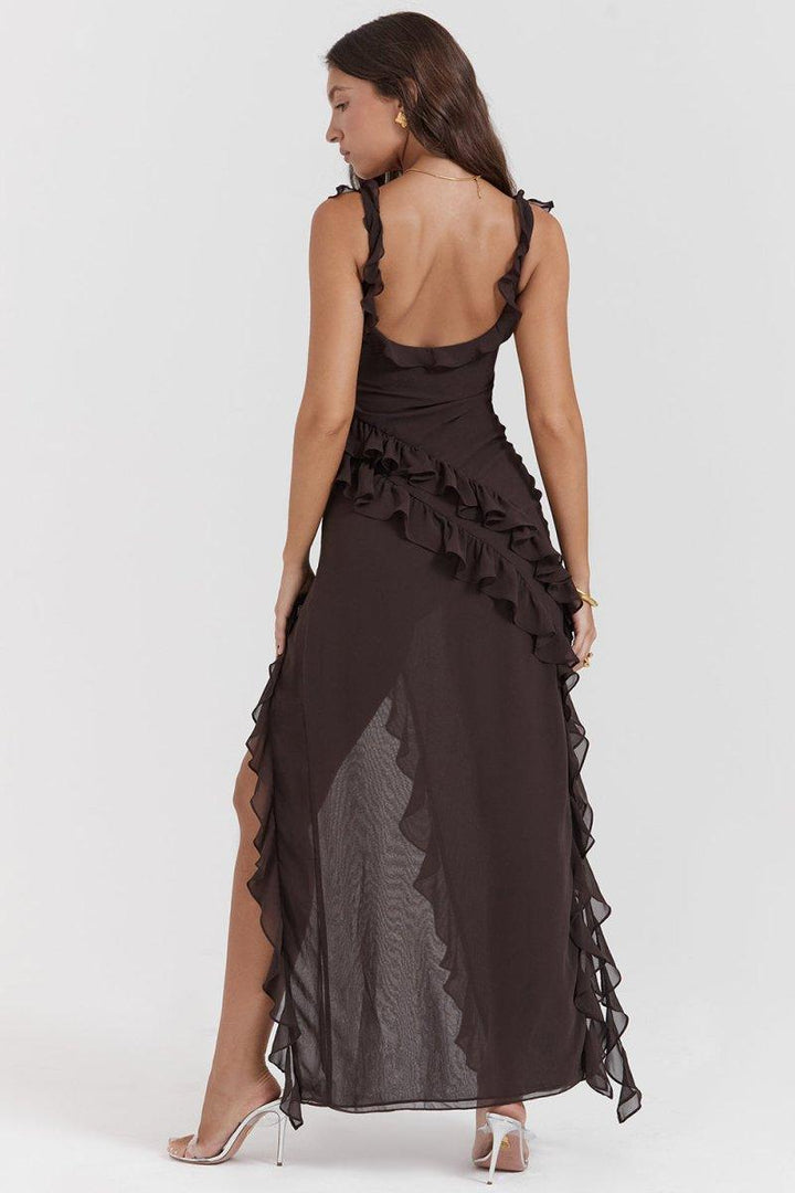 Elegante Lange Jurk Met Ruches Romantische Feestjurk-Zomer Jurken-Calora-Rood-S-Calora