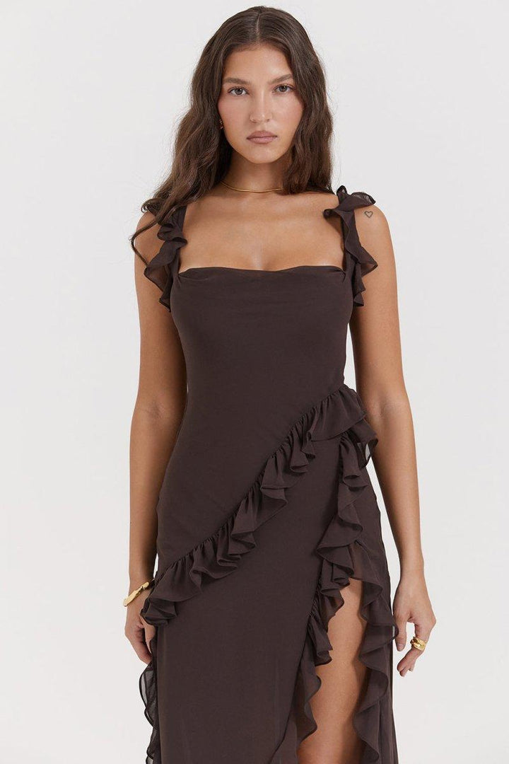 Elegante Lange Jurk Met Ruches Romantische Feestjurk-Zomer Jurken-Calora-Rood-S-Calora
