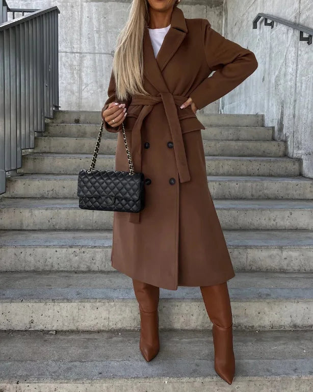 Elegante Lange Winterjas met riem-Zomer Jassen-Calora-Bruin-S-Calora