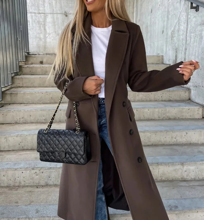 Elegante Lange Winterjas met riem-Zomer Jassen-Calora-Donkerbruin-S-Calora