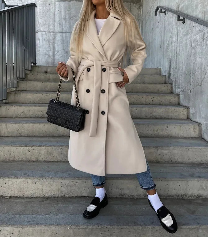 Elegante Lange Winterjas met riem-Zomer Jassen-Calora-Khaki-S-Calora
