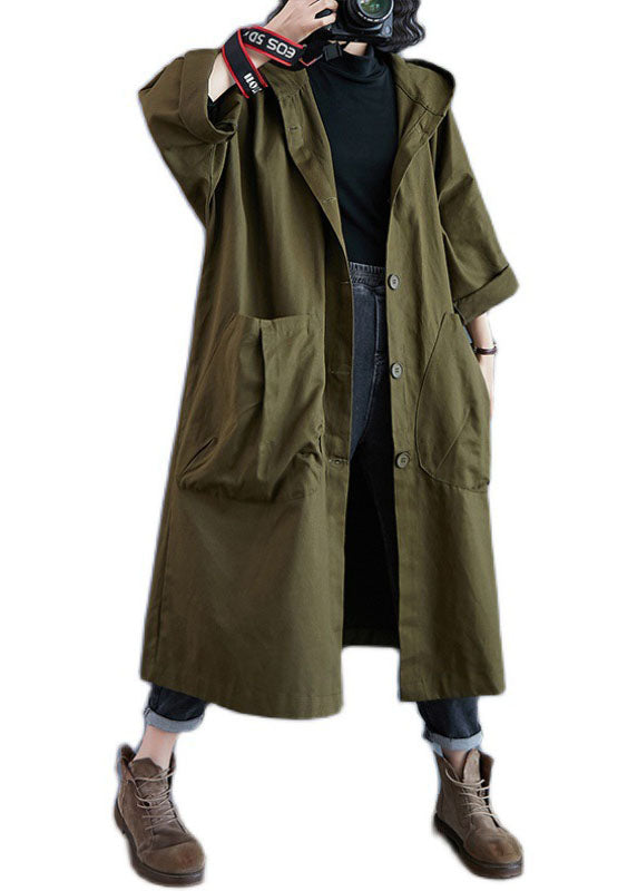 Elegante Legergroene Trenchcoat met Knoopsluiting en Capuchon-Zomer Jassen-Calora-S-Calora