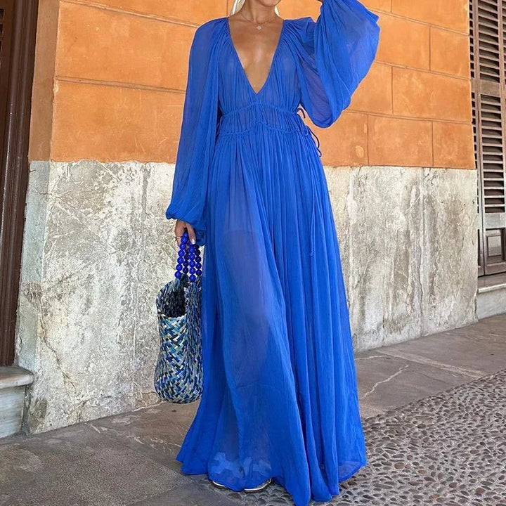 Elegante Maxi Jurk Met Vloeiende Rok Voor Feestelijke Avond-Zomer Jurken-Calora-Blauw-6 - 8 (S)-Calora