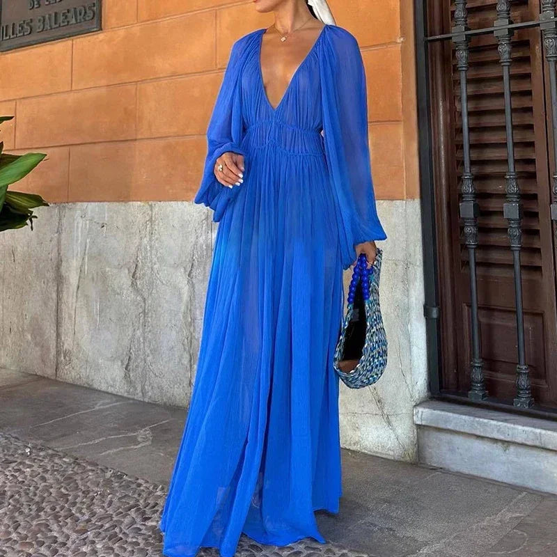 Elegante Maxi Jurk Met Vloeiende Rok Voor Feestelijke Avond-Zomer Jurken-Calora-Blauw-6 - 8 (S)-Calora