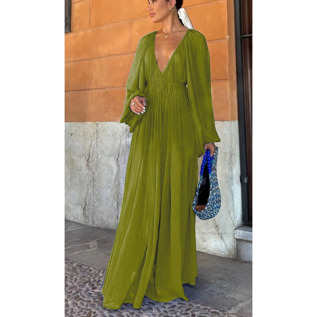 Elegante Maxi Jurk Met Vloeiende Rok Voor Feestelijke Avond-Zomer Jurken-Calora-Groen-6 - 8 (S)-Calora