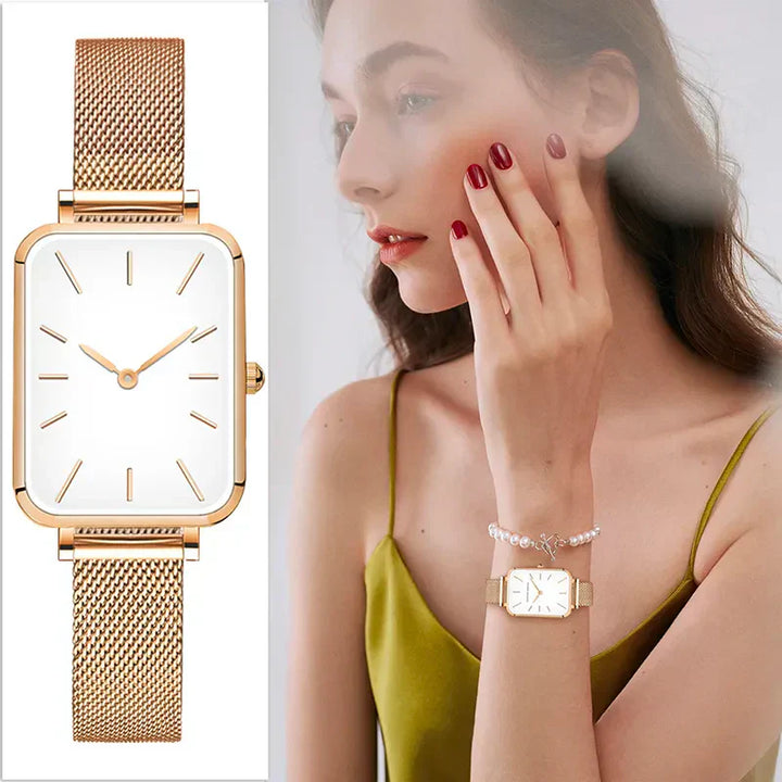 Elegante Rechthoekige Dameshorloge met stalen Armband-Horloges-Calora-Roségoud-Calora
