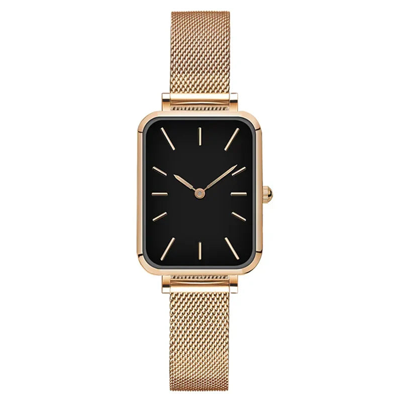 Elegante Rechthoekige Dameshorloge met stalen Armband-Horloges-Calora-Roségoud - Zwart-Calora