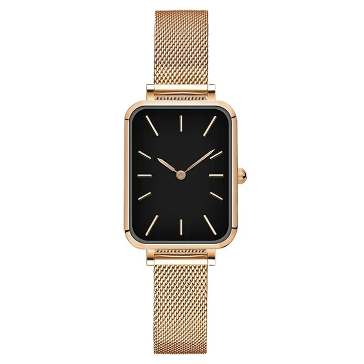 Elegante Rechthoekige Dameshorloge met stalen Armband-Horloges-Calora-Roségoud - Zwart-Calora