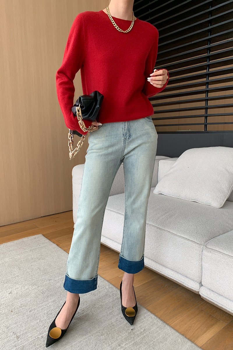 CALORA_ Elegante Ronde Hals Lange Mouw Gebreide Trui Blouse