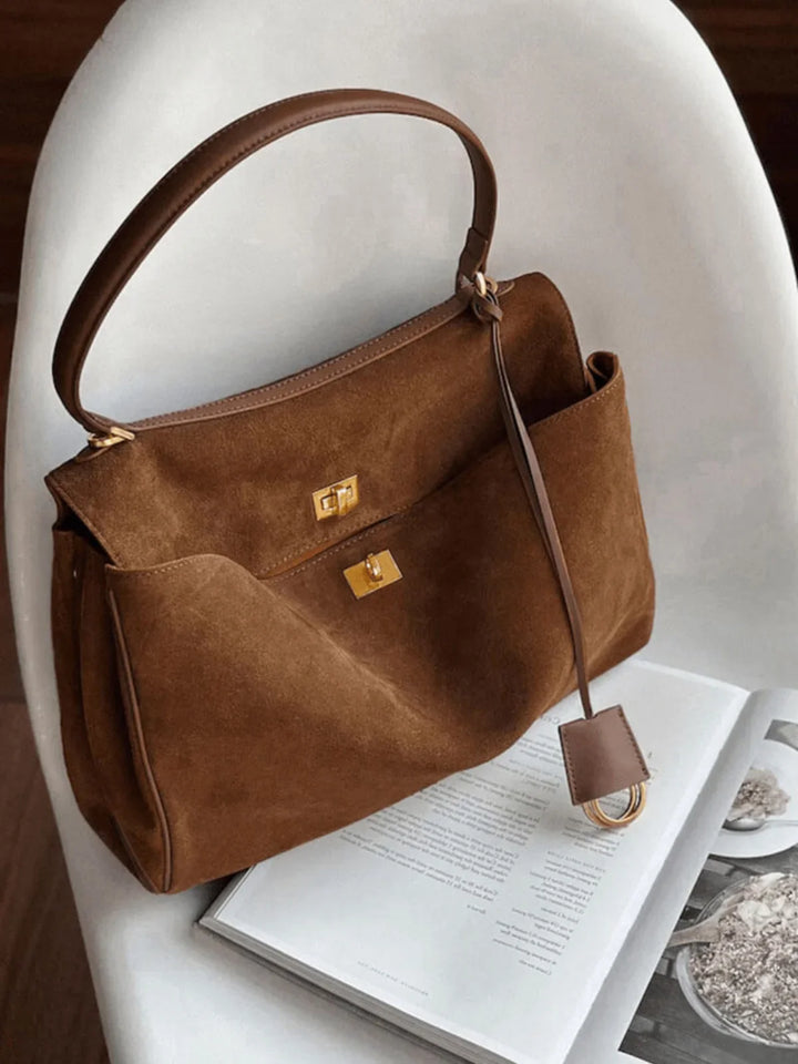 CALORA_ Elegante Suede Faux leren Handtas met Top Handvat en Twist Sluiting