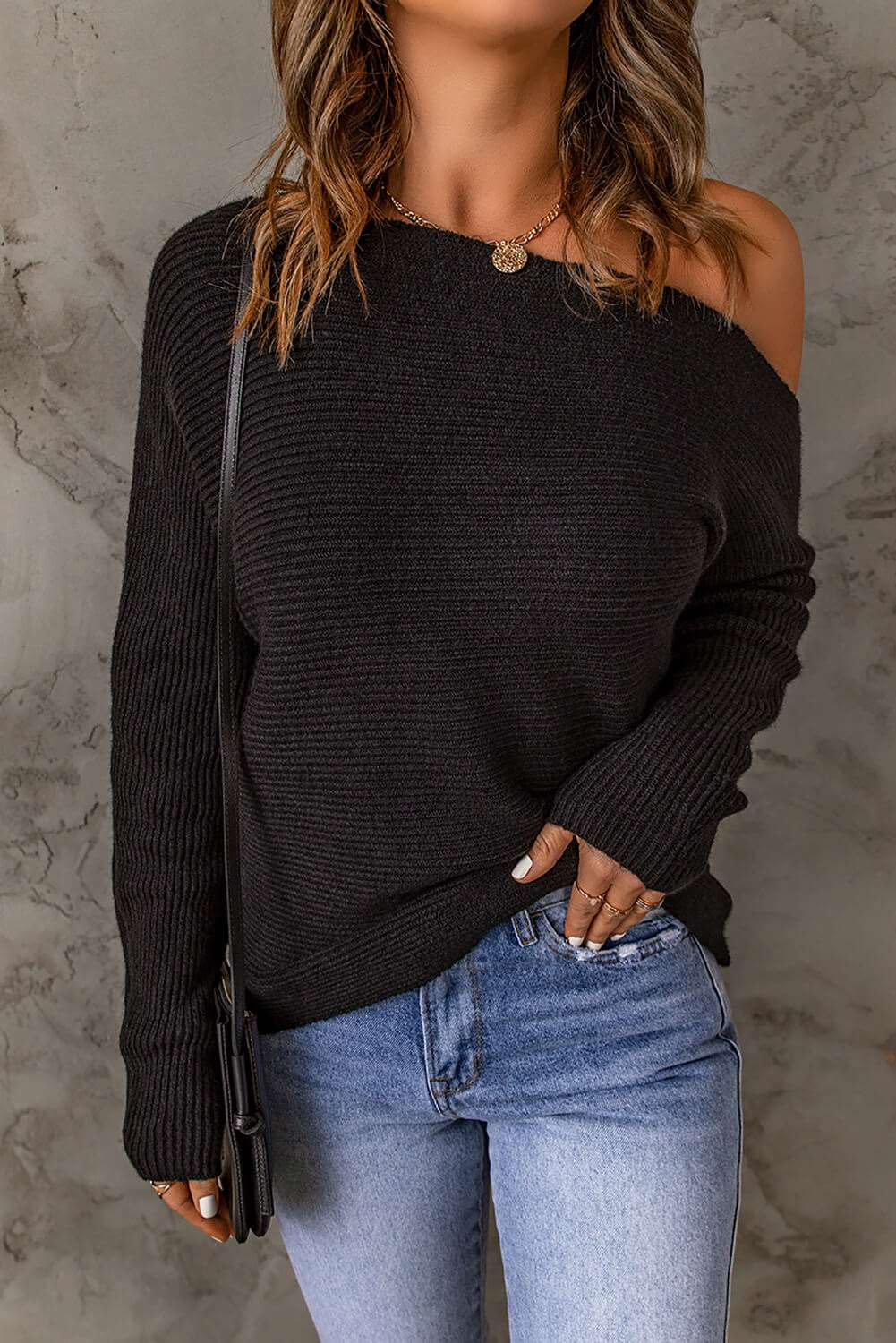 Elegante Top met één schouder-Shirts & Topjes-Calora-Zwart-S-Calora