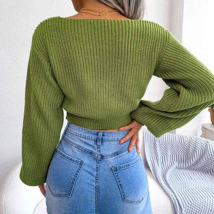Elegante V-hals strik trui-Blazers & Vesten-Calora-Groen-S-Calora