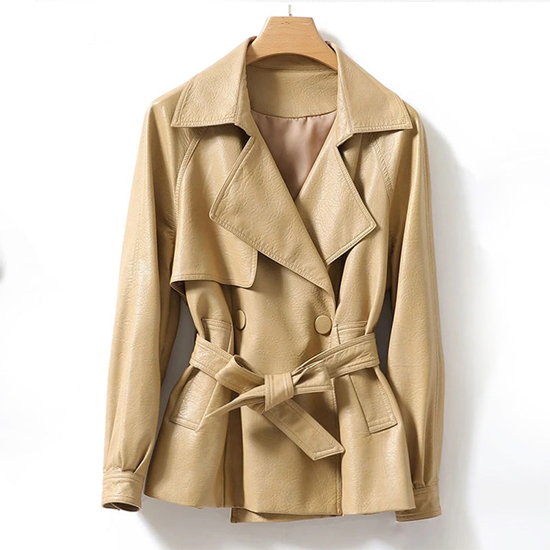 Eliane | Dames leren jas met riem in de taille-Leren Jassen-Calora-Khaki-M-Calora