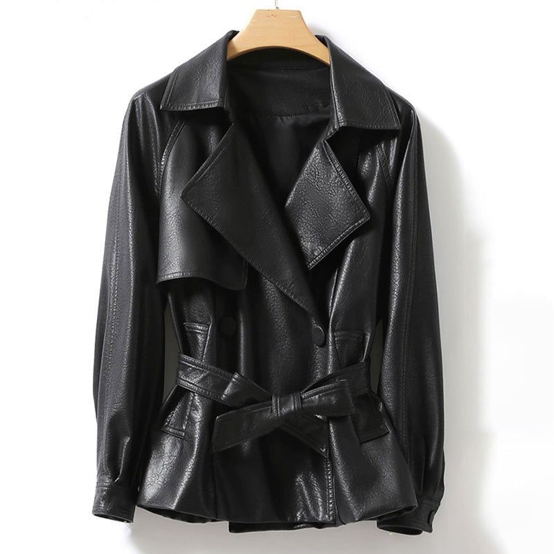 Eliane | Dames leren jas met riem in de taille-Leren Jassen-Calora-Zwart-M-Calora