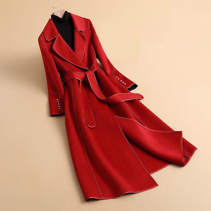 Ella | Lange, dubbelzijdige, slanke trenchcoat voor dames met riem-Zomer Jassen-Calora-Rood-L-Calora