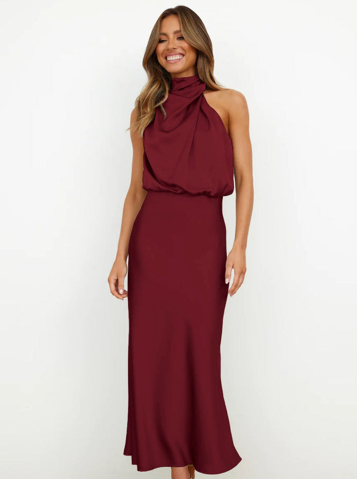 Elvira | Elegante kastanjebruine halterjurk-Feest Jurken-Calora-S-Calora