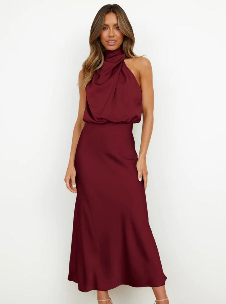 Elvira | Elegante kastanjebruine halterjurk-Feest Jurken-Calora-S-Calora