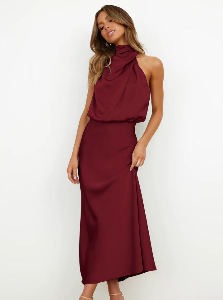 Elvira | Elegante kastanjebruine halterjurk-Feest Jurken-Calora-S-Calora