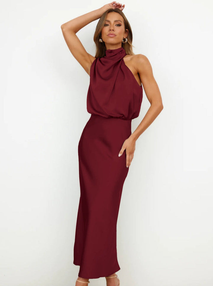 Elvira | Elegante kastanjebruine halterjurk-Feest Jurken-Calora-S-Calora