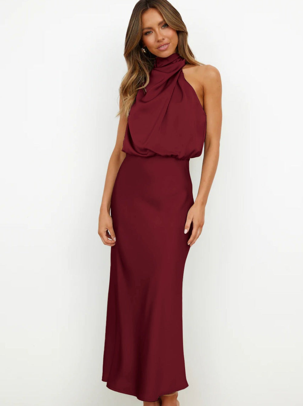 Elvira | Elegante kastanjebruine halterjurk-Feest Jurken-Calora-S-Calora