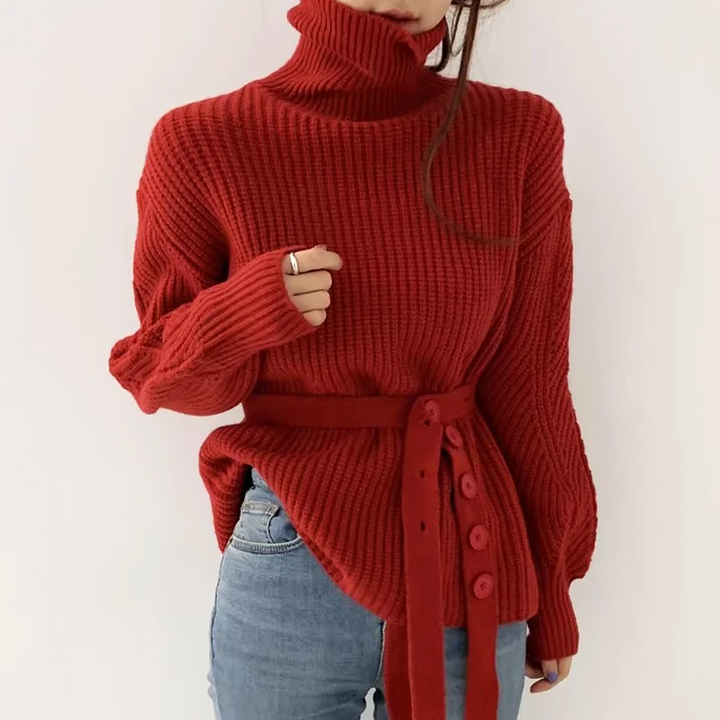 Emmy | Dames gebreide trui met hoge kraag, vetersluiting en pofmouwen-Blazers & Vesten-Calora-Rood-S-Calora