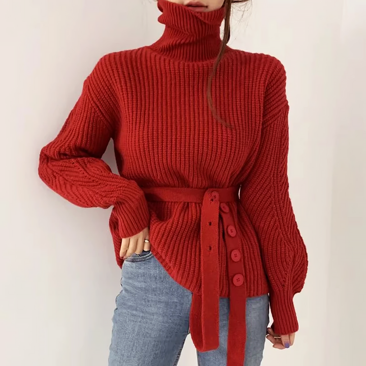 Emmy | Dames gebreide trui met hoge kraag, vetersluiting en pofmouwen-Blazers & Vesten-Calora-Rood-S-Calora