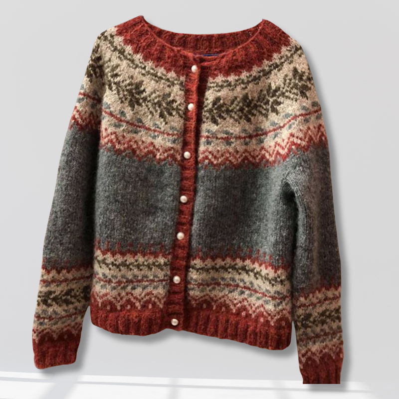 Etnische stijl jacquard enkelrijs gebreide trui-Blazers & Vesten-Calora-Rood-M-Calora