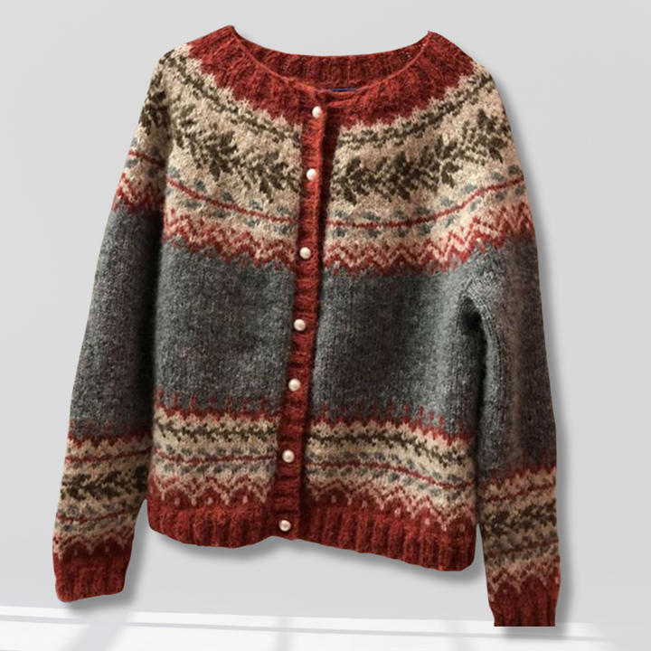 Etnische stijl jacquard enkelrijs gebreide trui-Blazers & Vesten-Calora-Rood-M-Calora