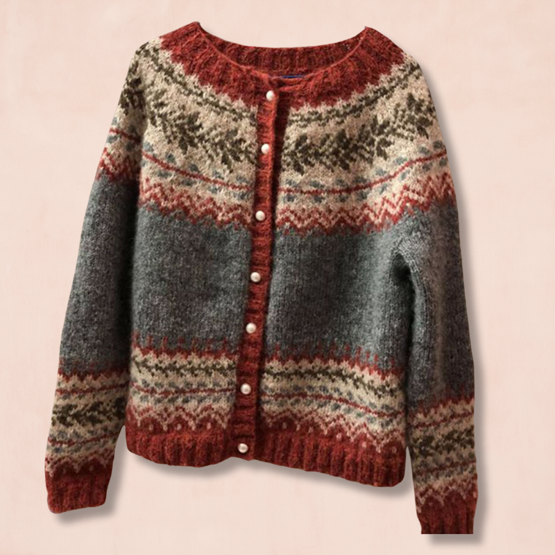 Etnische stijl jacquard enkelrijs gebreide trui-Blazers & Vesten-Calora-Rood-M-Calora