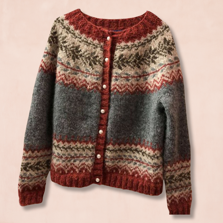 Etnische stijl jacquard enkelrijs gebreide trui-Blazers & Vesten-Calora-Rood-M-Calora