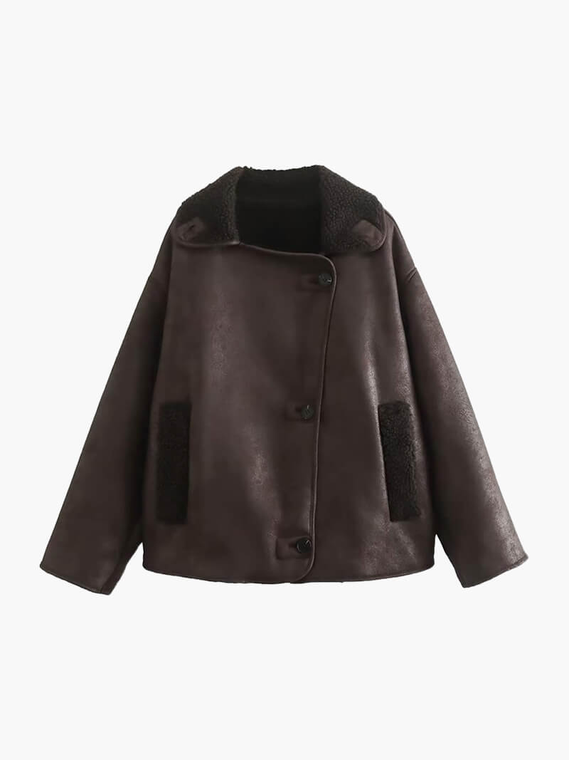 CALORA_ Faux Leren Jas met Lange Mouwen en Knopen Detail