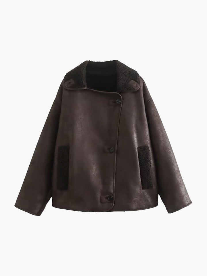 CALORA_ Faux Leren Jas met Lange Mouwen en Knopen Detail