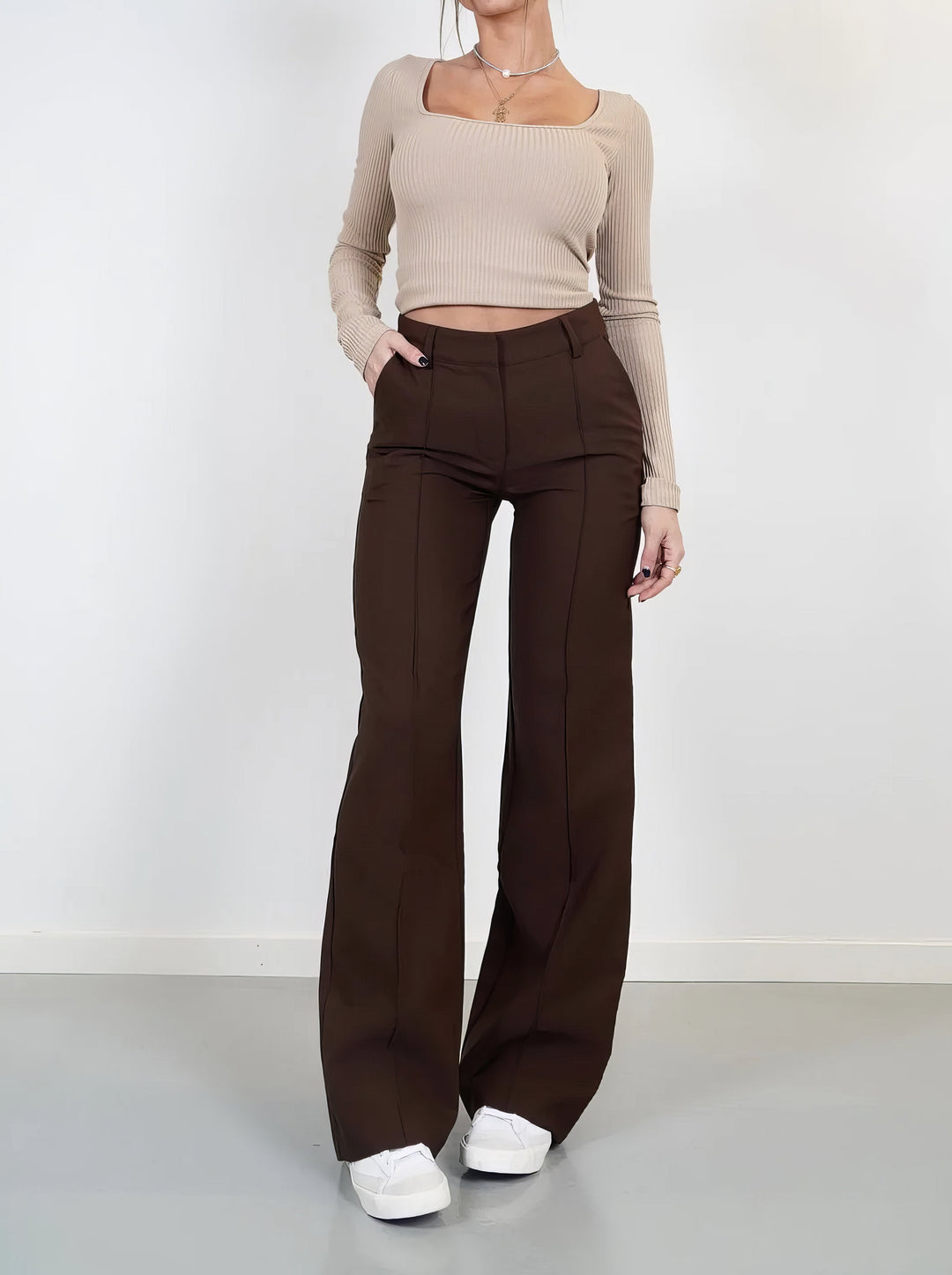 Fayana | Stijlvolle Pantalon met hoge Taille-Pantalons-Calora-Bruin-S-Calora