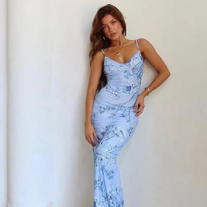 Faye | Vrolijke Zomer Jurk met Bloemprint-Zomer Jurken-Calora-Blauw-S-Calora