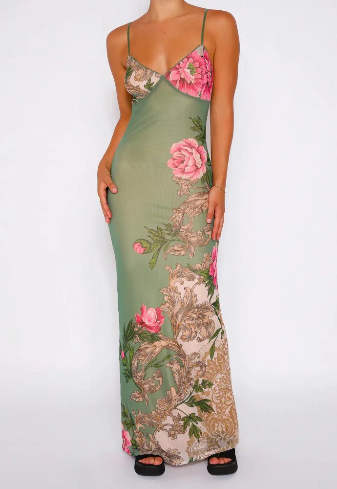 Faye | Vrolijke Zomer Jurk met Bloemprint-Zomer Jurken-Calora-Groen-S-Calora