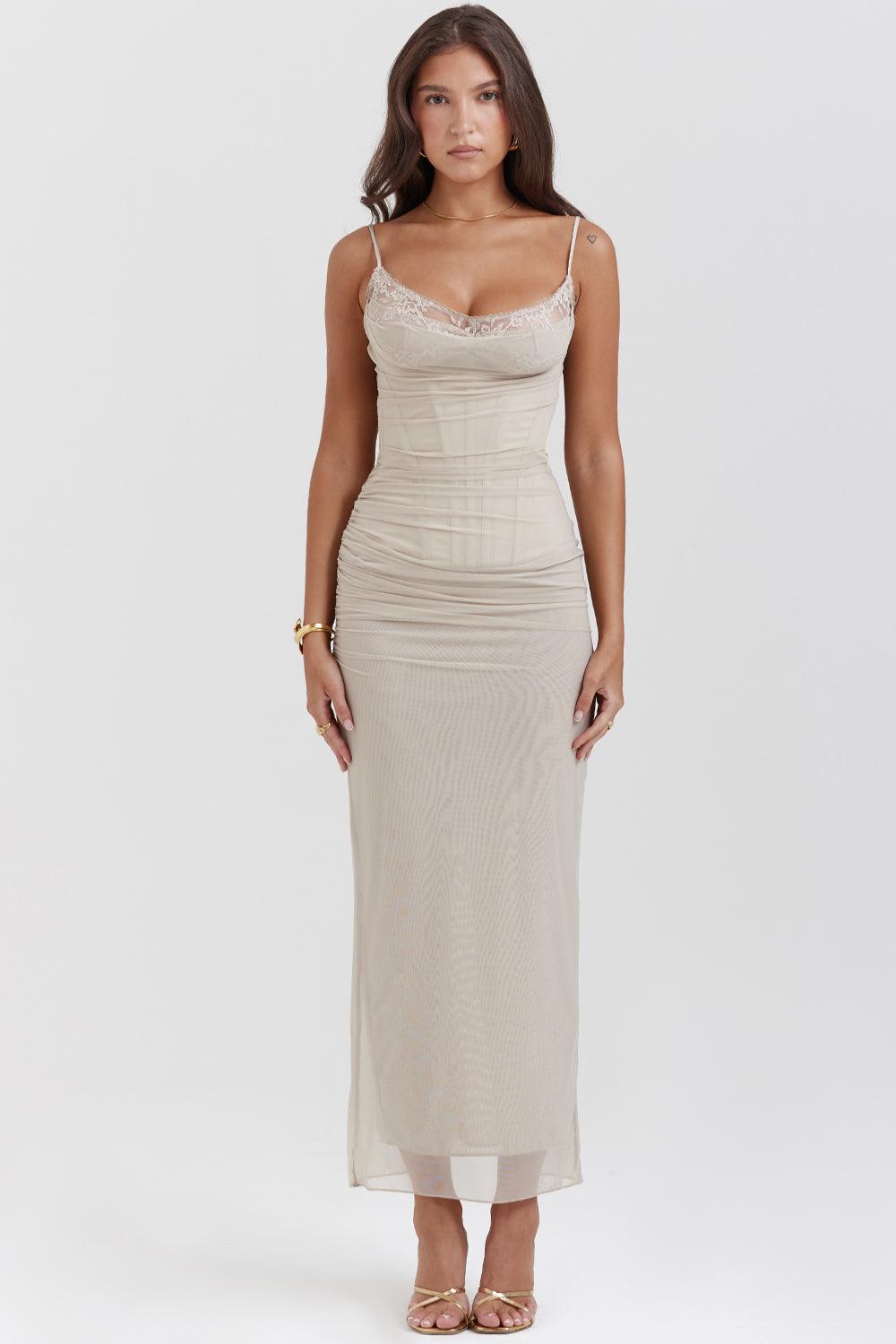 Felisa | Elegante Lange Maxi Jurk met snit-Zomer Jurken-Calora-Beige-XS-Calora