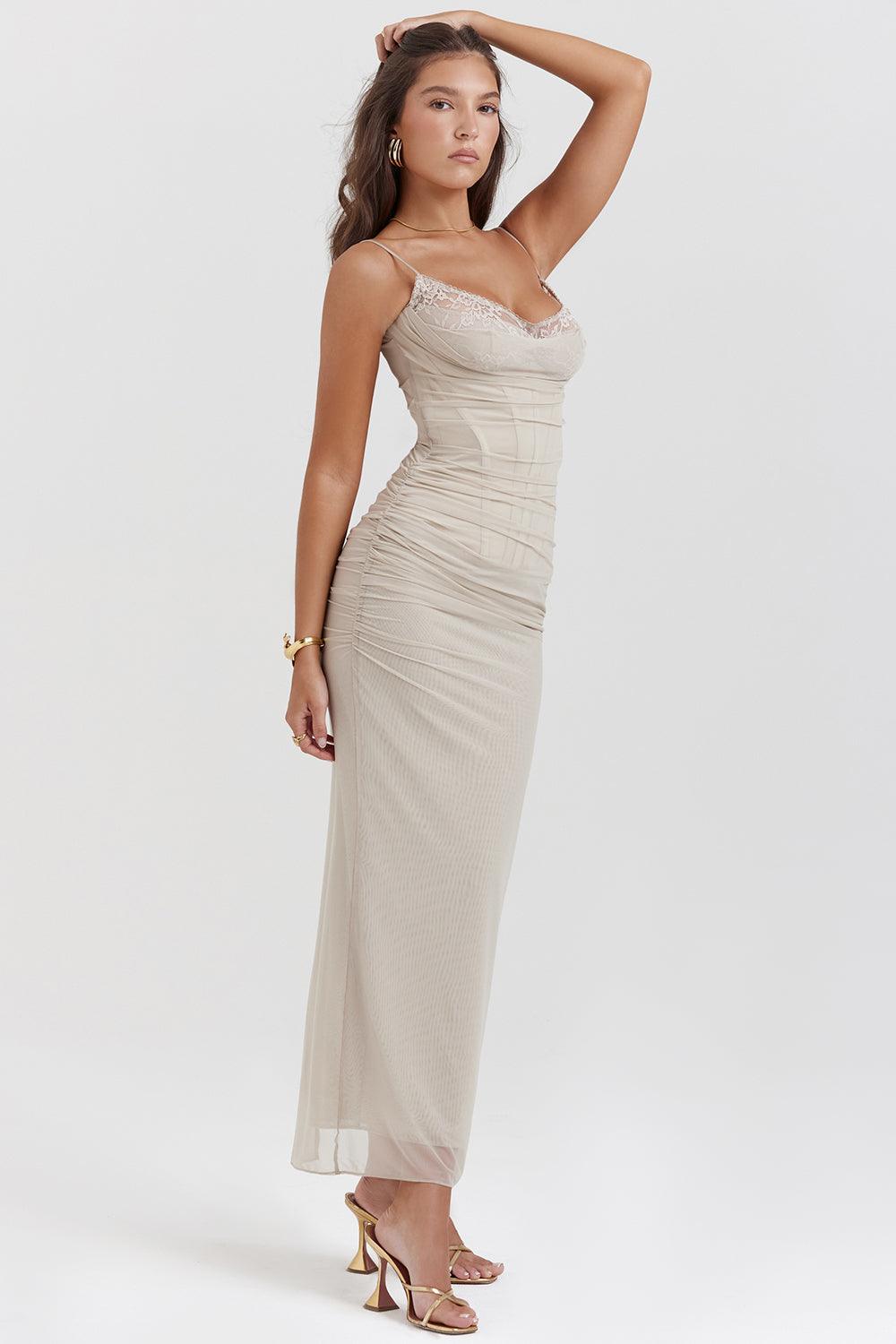 Felisa | Elegante Lange Maxi Jurk met snit-Zomer Jurken-Calora-Beige-XS-Calora