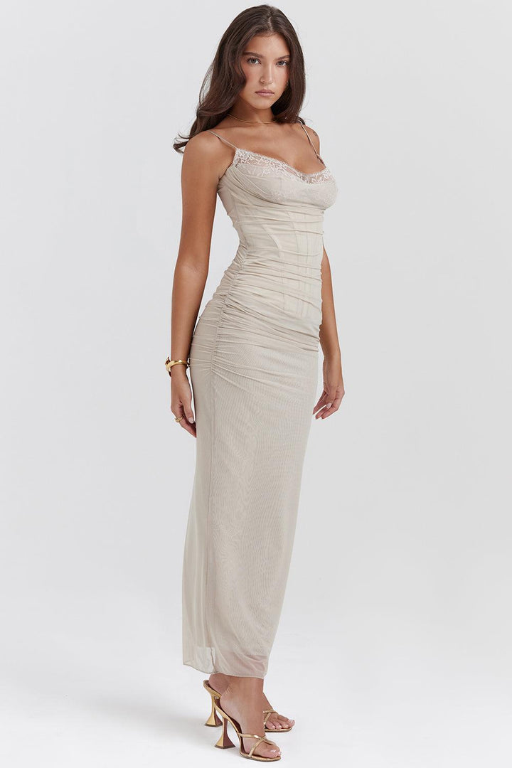 Felisa | Elegante Lange Maxi Jurk met snit-Zomer Jurken-Calora-Beige-XS-Calora