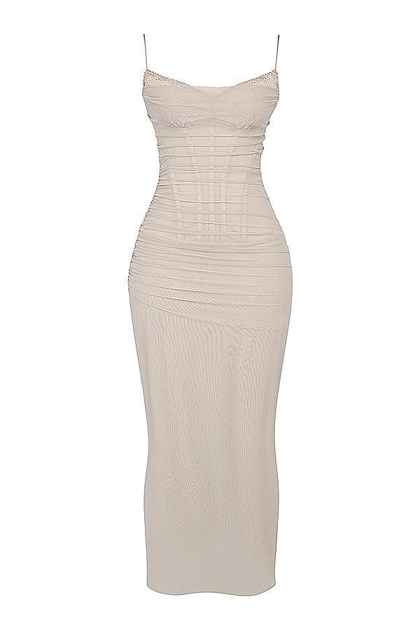 Felisa | Elegante Lange Maxi Jurk met snit-Zomer Jurken-Calora-Beige-XS-Calora